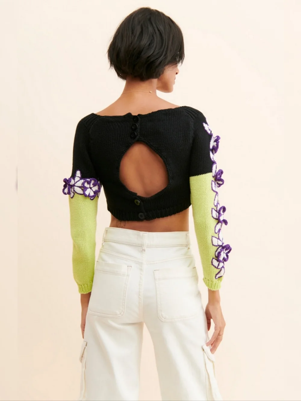 Mandinga Rose Crop Top Black And Lime Green Knit With‎ White And Purple Floral